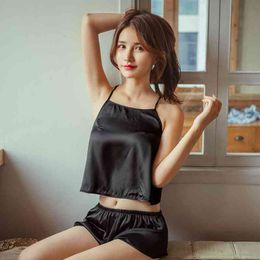 Satin Cami Pyjama Shorts Set Women Sexy Sleepwear Summer Night Suit V-Neck Pyjamas Sleeveless Cute Cami Top and Shorts 210515