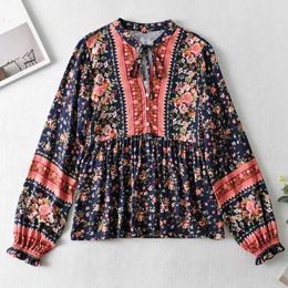 Inspired women floral printed v-neck tied blouse shirts Ladies cotton long sleeve shirts blouses bohemian women tops 210412