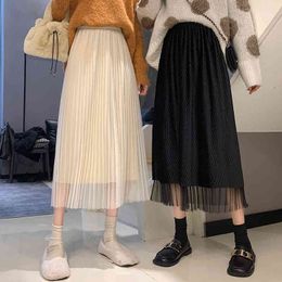 Women's Solid Double-sided Pleated Lace Skirts Autumn Winter Plus Velvet Creasing Elastic High Waist Skirt Female 210514