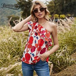 Sexy One Shoulder Ruffle Flower Print Top Blouse Women Summer Boho Casual Sleeveless Blouses Loose Female Clothes 210510