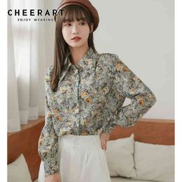 Vintage Floral Blouse Long Sleeve Shirt Peaked Button Up Collar Korean Ladies Top Women Autumn Clothing 210427