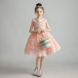 pink party gowns Canada - Girl's Dresses Flower Girl Illusion Embroidery Appliques Knee-Length Short O-Neck Tulle Princess Luxury Pink Lace Kids Party Gown H343