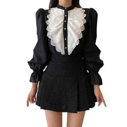 PERHAPS U Women Chiffon Vintage Lolita Style Spliced Ruffled Shirt O-Neck Pleated Lace Princess Long-Sleeves B3069 210529