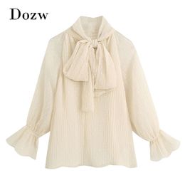 Elegant Dot Embroidery Beige Blouse Women Bow Tie Neck Vintage Shirt Flare Long Sleeve Chic Lace Mesh Ladies Tunic Tops 210414