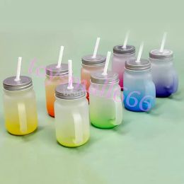 430ml Sublimation Glass Mason Jar with Handle Gradient Glass Tumblers Thermal Transfer Water Bottle Colourful Sublimated Cups FY5187