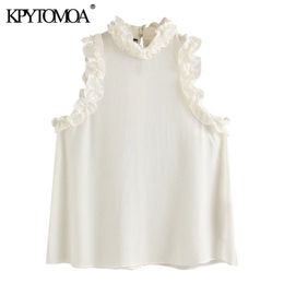 Women Sexy Fashion Pearl Beading See Through Ruffled Blouses High Neck Sleeveless Female Shirts Chic Tops 210420