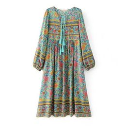 Bohemia Lacing up v neck Floral print Dress Ethnic Woman Long Sleeve Tassel Mid Strappy Dresses 210429