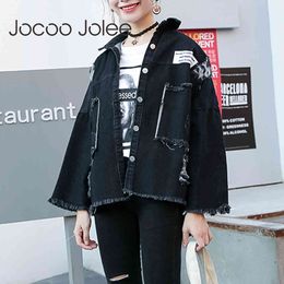 Women Autumn Fashion Patch Black Denim Jackets Bf Style Harajuku Loose Jean Coats Casual Korean Streetwear Overcoats 210428