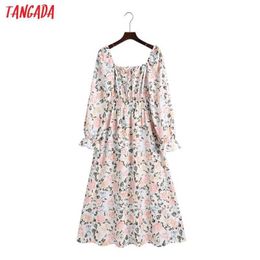 Tangada Fashion Women Flowers Print Vintage Dress Square Collar Vintage Long Sleeve Ladies Midi Dress 6Z126 210609