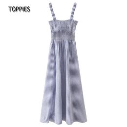 Summer Cotton Striped Dresses Woman Sleeveless Camisole Midi Dress Vacation Beach Sundress 210421