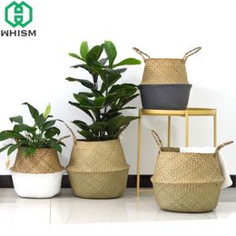 WHISM Storage Basket Rattan Straw Basket Wicker Folding Flower Pot Seagrasss Flower Baskets Garden Planter Flower Pot Decoration 210401