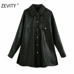 women fashion turn down collar long sleeve casual shirt jacket coat female black PU leather chic business tops CT577 210420