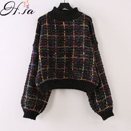 H.SA Women Winter Chic Pullover and Ladies Elegant Plaid Crop Jumpers Black White Korean Sweater Pull Femme 210417