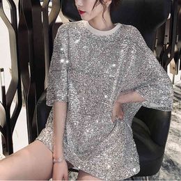 Fashion Women Plus size Spring mid-length sequined apricot black short sleeve long T-shirt skirt Casual sexy t-shirt 757C3 210420