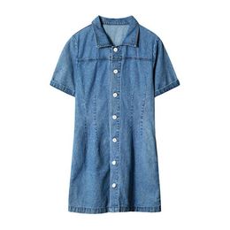 PERHAPS U Blue Denim Turn Down Collar Button Short Sleeve Empire Mini Dress Summer Casual D1902 210529