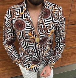 Plus Sizes 3XL Mens Casual Vintage Shirts Gold Cardigan Printed Long Sleeve Slim Summer Hawaiian Skinny Fit Various Pattern 271f1