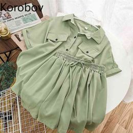 Korobov Korean OL Women Solid Sets New Chic Short Sleeve Chiffon Shirts and High Waist Wide Leg Short Pants Female Outfits Suit 210430