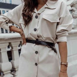 Women New Fashion Long Blouse Casual Turn-down Collar Long Sleeve Pockets Belt Single Button Tops Female Solid Basic Streetwear 210412