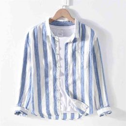 1901 Men Spring Fall Fashion Brand Linen Long Sleeve Nave Blue Strip Patchwork Turn Down Collar Casual Classical Male Chic Shirt 210714