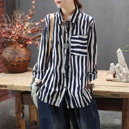 Spring Autumn Arts Style Women Long Sleeve Loose Vintage Shirts Striped Cotton Linen Turn-down Collar Blouse Female Tops S405 210512