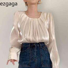 Ezgaga Office Lady Elegant Shirts French Style Chic Pleated Solid Loose O-Neck Puff Sleeve Women Blouse Spring Fashion Blusas 210430