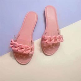 Sexy Transparent sandals women Printing Flowers Slippers Summer Open Toe Chain slides Flat Sandal Fashion Rainbow Flip Flops Outdoor Beach Casual shoes EU35-43 NO06