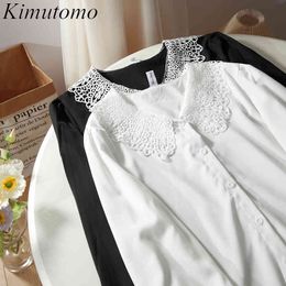 Kimutomo Lace Peter Pan Collar Blouse Women Solid Colour Spring Long Sleeve All-matching Single Breasted Shirt Elegant 210521