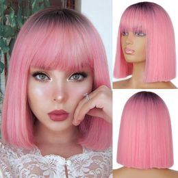 Ombre Pink/Golden Straight Shoulder Length Synthetic Wigs Heat Resistant Hair For Black/White Women Cosplay Or Partyfactory direct