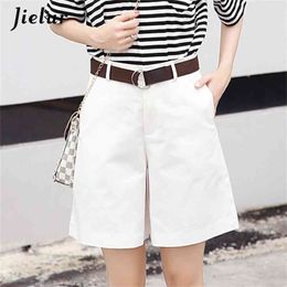 Jielur Korean Fashion Casual Summer Shorts Women Loose Wide Leg Pantalon Femme Belt Green White High Waist Female S-XXL 210714