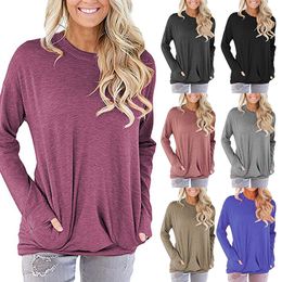 Female T-Shirt Women Loose Casual Tops Shirt Tees Long Sleeve O-neck Autumn Clothes Solid Colour Loose Tee Shirt With Pockets