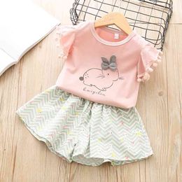 Girls Clothes Summer Children Cartoon Rabbit Flying Sleeve Top + Printed Shorts 2-6Y Girl Suit 210515