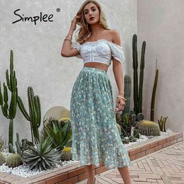 Elegant vintage floral print pleated long skirt women Spring French style a-line skirts Holiday teatime lady bottoms 210414