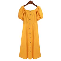 Casual Yellow Slash Neck Puff Short Sleeve Button Knee Length Solid Dress Vintage D0787 210514