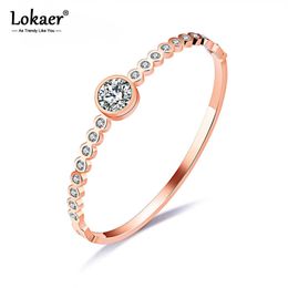 Lokaer Vintage Rose Gold Colour Open Cuff Bangles for Women Pave Cubic Zirconia Stainless Steel Charm Bracelet Jewellery B17072 Q0720
