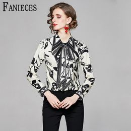 Women Vintage Chain print Pattern Shirt Office Lady Long Sleeve Business Blouses Chic Autumn Retro Tops 210520