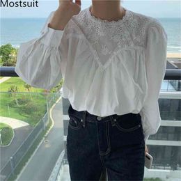 Autumn Korean Lace Spliced Women Blouses Shirts Long Sleeve O-neck Vintage Fashion Elegant Ladies Tops Pullovers Blusas 210513