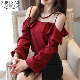Casual Off Shoulder Tops Solid Long Sleeve Chiffon Blouse Blusas Mujer De Moda Autumn Women and 6756 50 210506