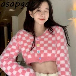 Sweaters Chic Korean Sweet Short V Neck Full Pink Plaid Cardigan Jacket Mohair Gentle Girls Tops Pull Femme Clothing Spring 210610