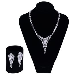 -Brincos colar conjuntos de jóias de casamento de luxo para mulheres ródio banhado a configuração branco CZ 2pcs set (+)