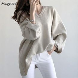 Autumn Winter Loose Knitted Sweater Women V-neck Pullover Slim s Casual White Vintage Jumper 11124 210512