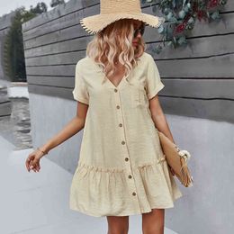 Summer Holiday Beach Pure color dress for womens short-sleeved cotton button Dress Solid Beach Vintage mini dress vestidos 210514