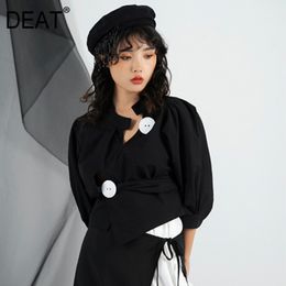 summer fashion women clothes two buttons cotton shirt short top female pleated women's tops WP69601 210421