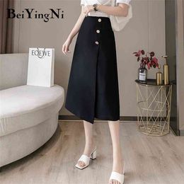 Womans Skirt Solid Color Midi A Line Irregular Vintage Casual Slim Women Black Fashion Buttons Chic Jupes 210506