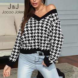 Jocoo Jolee Fashion Houndstooth Knitted Sweater Elegant V Neck Loose Pullover Casual Minimalist Wild Jumpers Winter Vintage Tops 210518