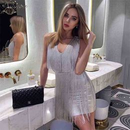 Summer Women's Chic Silver Fringed Mini Dress Sexy V-neck Celebrity Party Bandage Oil Printed 210525