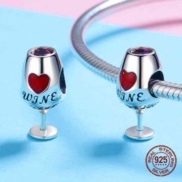 Fashion red wine glass charm fit 3MM bracelet beads DIY woman 925 sterling silver jewelry making pendant