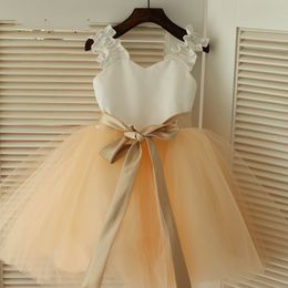 Champagne and Ivory Flower Girl Dresses with Sash Birthday Wedding Party Kids Clothing