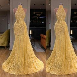 Glitter Sequined Lace Feather Sexy Yellow Mermaid Evening Dresses Wear Halter Sleeveless Sequins Illusion Plus Size Formal Prom Party Gowns Sweep Train 403