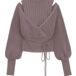 Neploe Turtleneck Drawstring Puff Sleeve Knitted Sweaters Sweet Loose Shoulder Straples Tops Autumn Winter Pullovers 210812