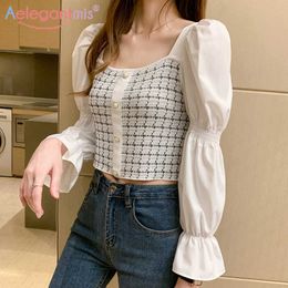 Aelegantmis Spring Casual Elastic Korean Blouse Shirt Women Square Collar Slim Chic Short Female Vintage Cropped Tops 210607